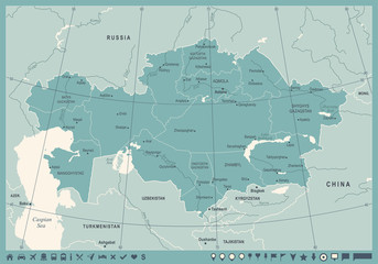 Kazakhstan Map - Vintage Detailed Vector Illustration