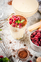 Cooking Italian food dessert Tiramisu, with all the necessary ingredients cocoa, coffee, mascarpone cheese, mint and raspberries, on grey stone background.  Copy space