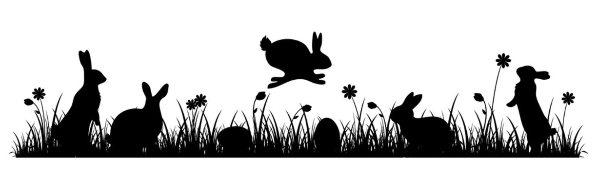 Easter Banner Meadow black Silhouette with Easter bunnies and Easter eggs
