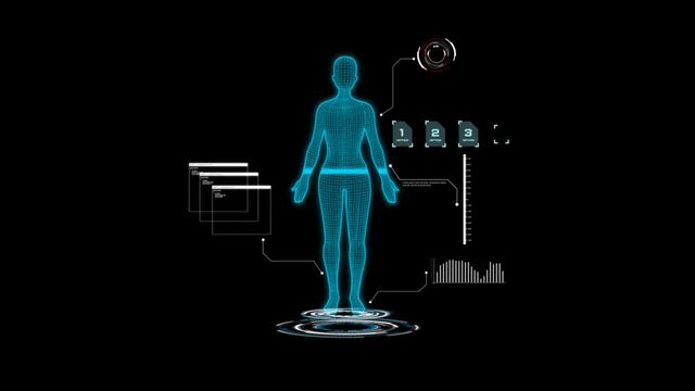 4K 3D Animation of user interface HUD with woman body analysis and dna moving on dark background for cyber futuristic concept with grain processed - Powered by Adobe