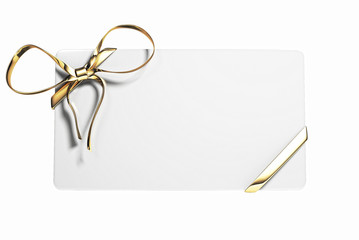 blank white gift voucher card with golden ribbon. 3d illustration