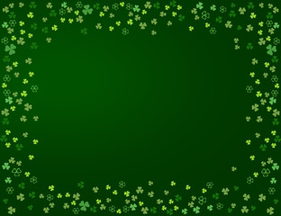 Fototapeta na wymiar Abstract Ireland clover background for your Patrick's day greeting card design. Shamrock clover leaves frame isolated on dark green background. Vector illustration