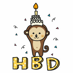 Happy Birthday monkey with cake cartoon vector illustration