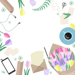 Top view of making bouquet or invitations. Florist workspace flat lay.