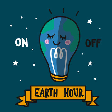 Earth Hour Light Bulb Cartoon Vector Illustration Doodle Style