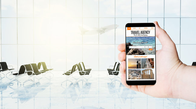 travel agency on smartphone airport lounge