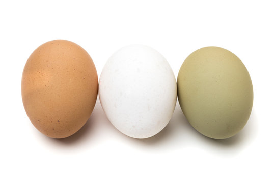 White, brown and green eggs in a row isolated