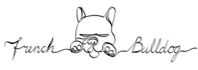 Minimalistic linear line drawing of a sleeping french bulldog on a transparent background. Vector asset for logo.