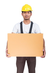 Smiling man lifts a cardboard box wearing back support belt