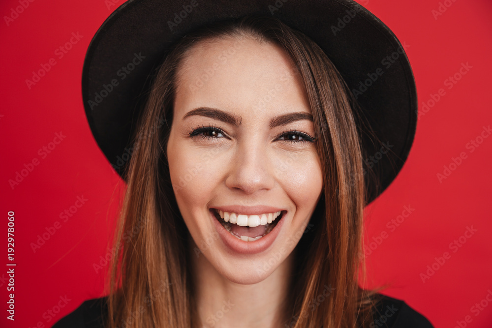 Sticker close up of a happy stylish girl wearing hat