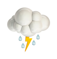 Cloud with lightning and rain. Weather Icon. 3d Rendering isolated on White Background.