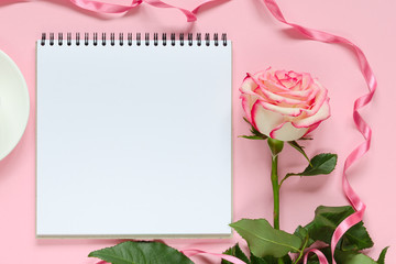 Pink blooming fresh rose flower with notebook on pink background