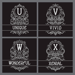 Vintage monograms set for label design. U, V, W, X letters in ornamental frames with text fields.