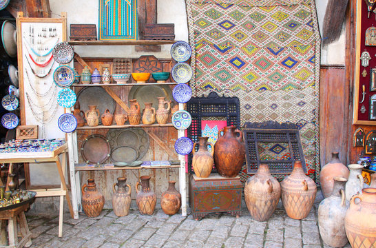 Traditional moroccan souvenirs on souk in Fes, Morocco, Africa