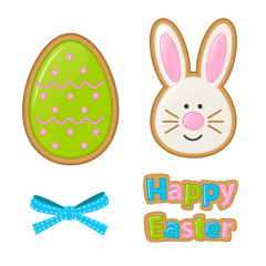 Vector illustration for the Easter holiday. A set of traditional ornaments: eggs, rabbit, cookies, bow. Can be used to design a web page, greeting card, banner, advertising, posters. Pastel colors.