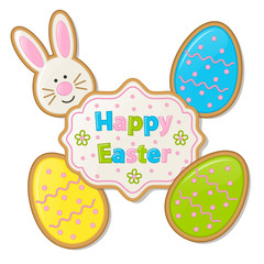 Vector illustration for the Easter holiday. A set of traditional ornaments: eggs, rabbit, cookies, bow. Can be used to design a web page, greeting card, banner, stickers, posters. Pastel colors.
