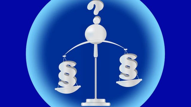 Legal theme, animation of the old scale, paragraph, question mark above the scale. Illustration on blue background.