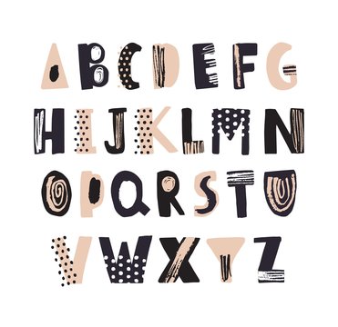 Funky latin font or decorative english alphabet hand drawn on white background. Creative textured letters arranged in alphabetical order. Modern typeface with dots and scribbles. Vector illustration.