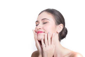 Portrait of Young woman hand pose for facial skin product isolated on white background.