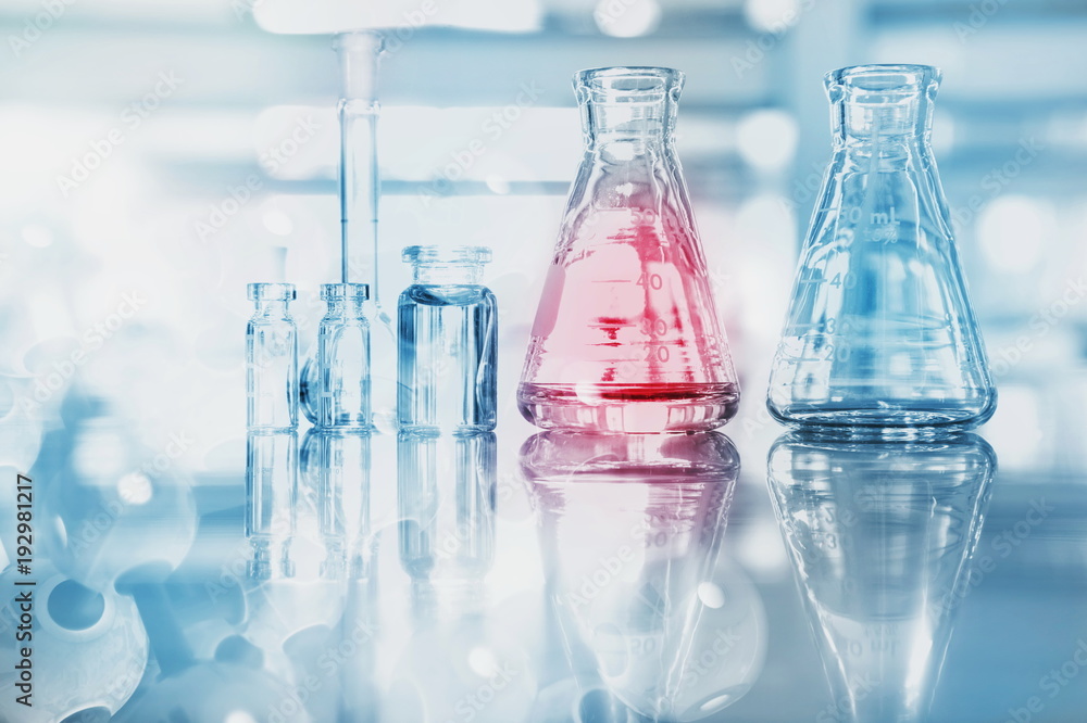 Wall mural blue red glass flask vial and chemical structure in research medical science technology background