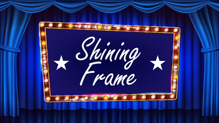 Gold Frame Light Bulbs Vector. Blue Background. Realistic Retro Frame Design Element Board. Marquee Banner. Space For Text. Illustration