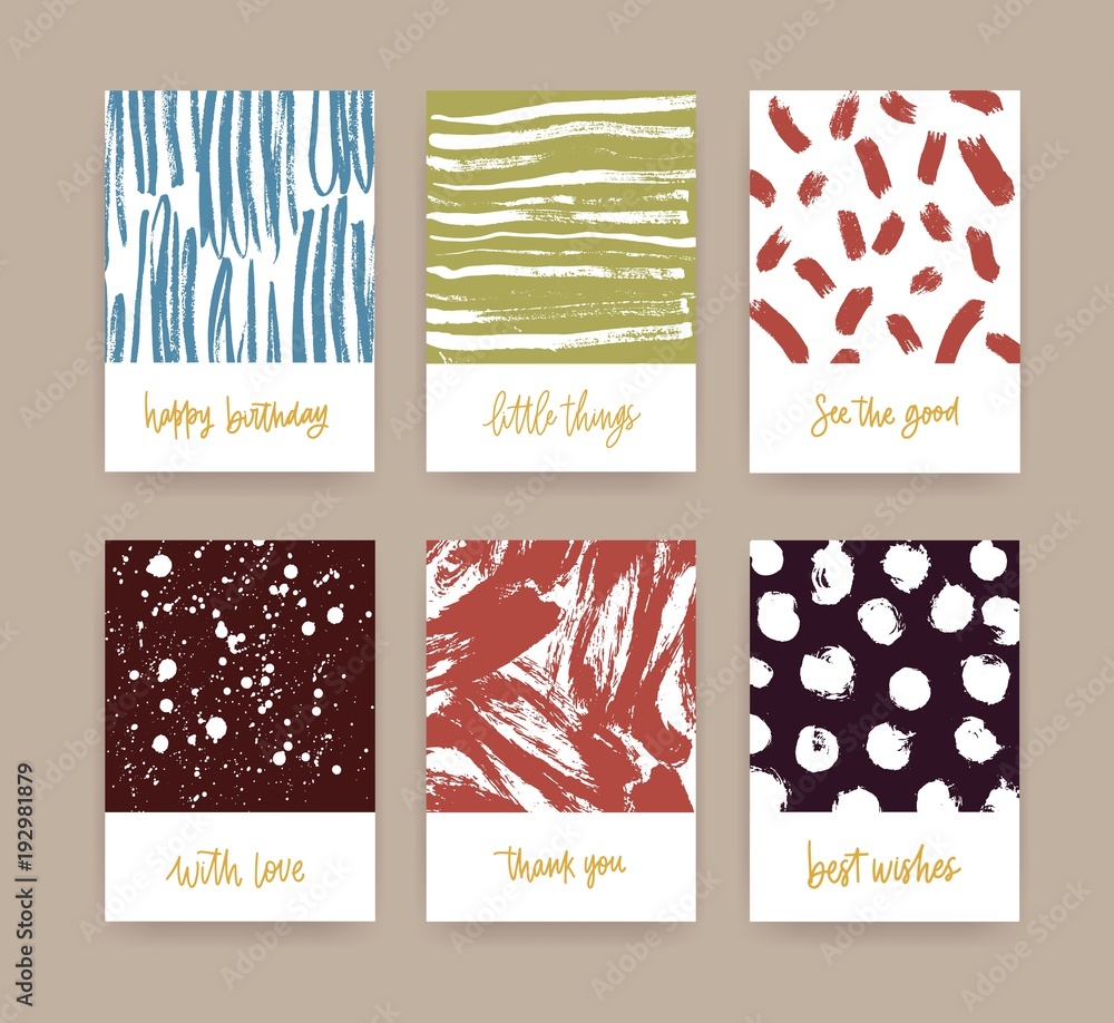 Poster set of card templates decorated with hand drawn textures with paint traces, stains, scribble and han