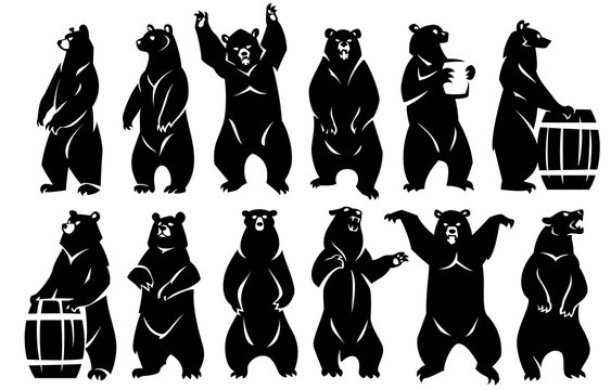 Illustration of bears standing on hind legs. Two bears with barrels. Black silhouette. Isolated on a white background.