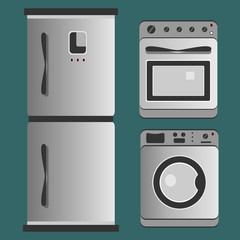 Kitchen appliances. Refrigerator, washing machine, gas stove.