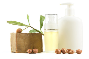 Argan products on white background