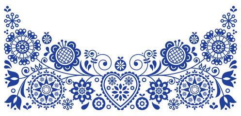 Folk art retro vector greeting card design, floral ornament inspired by Scandinavian art
