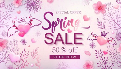Fototapeta na wymiar Spring sale banner with cherry blossoms, flowers