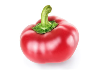 Raw red pepper, cut out with the texture. Side view isolated on white background, close up. Sweet red pepper, ready to use in your project. Retouched image with removed defects.