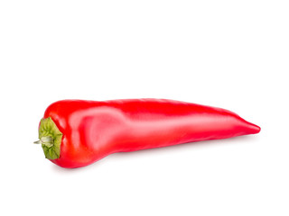 Pepper with green tail isolated on white background. Retouched pepper with texture, glare and shadow. Close-up, macro view.