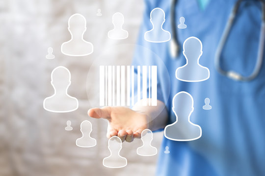 Doctor pushing button barcode product healthcare network on virtual panel medicine - Powered by Adobe