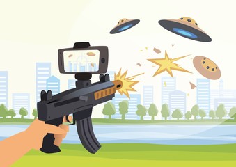 Augmented reality games. Boy with AR gun playing a shooter. Game weapon with smartphone. Vector illustration.