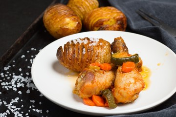 Hasselback potatoes with large crystal salt as side dish to roasted chicken drumsticks