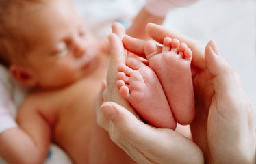 Fototapeta na wymiar Cute newborn feet in mother hands. Happy Family concept.