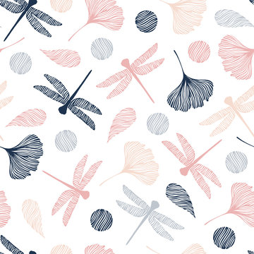 Seamless pattern with dragonflies and ginkgo leaves.