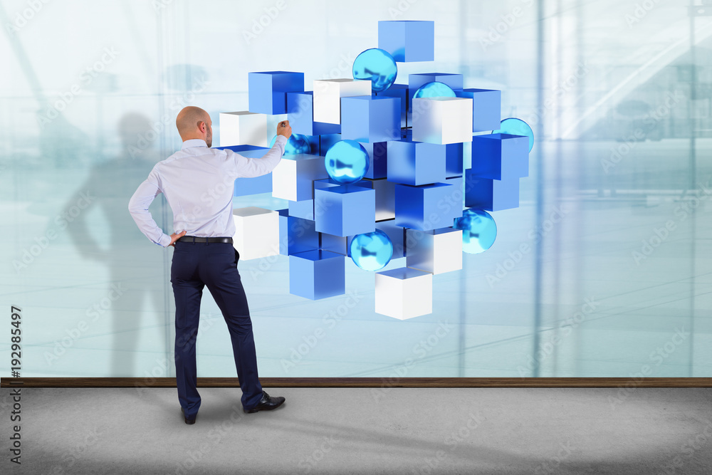 Poster 3d rendering blue and white cube on a futuristic interface