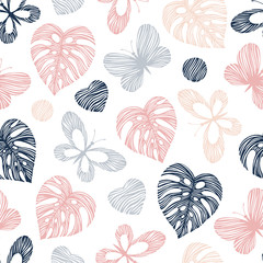 Seamless pattern with exotic butterflies and palm leaves.