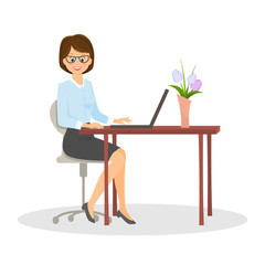 Cartoon smiling businesswoman at the table.Vector illustration. Isolated on white background