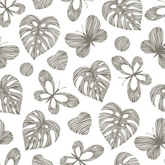 Seamless pattern with exotic butterflies and palm leaves.