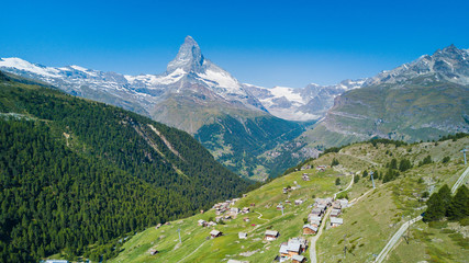 Fototapeta na wymiar Matterhorn mountain in Swiss Alps from the drone perspective
