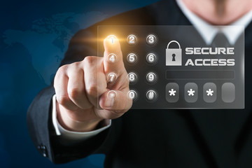 Man using virtual technology with dialing password and secure access. Security concept