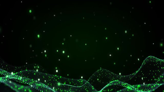 Green wave with digital binary code. Science fiction concept of neural network and artificial Intelligence. Seamless loop 3D animation rendered with DOF 4k (4096x2304)
