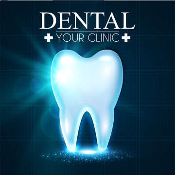 Shining Helthy Tooth with Lights. Fresh Stomatology Design Template. Dental Health Concept. Oral Care.