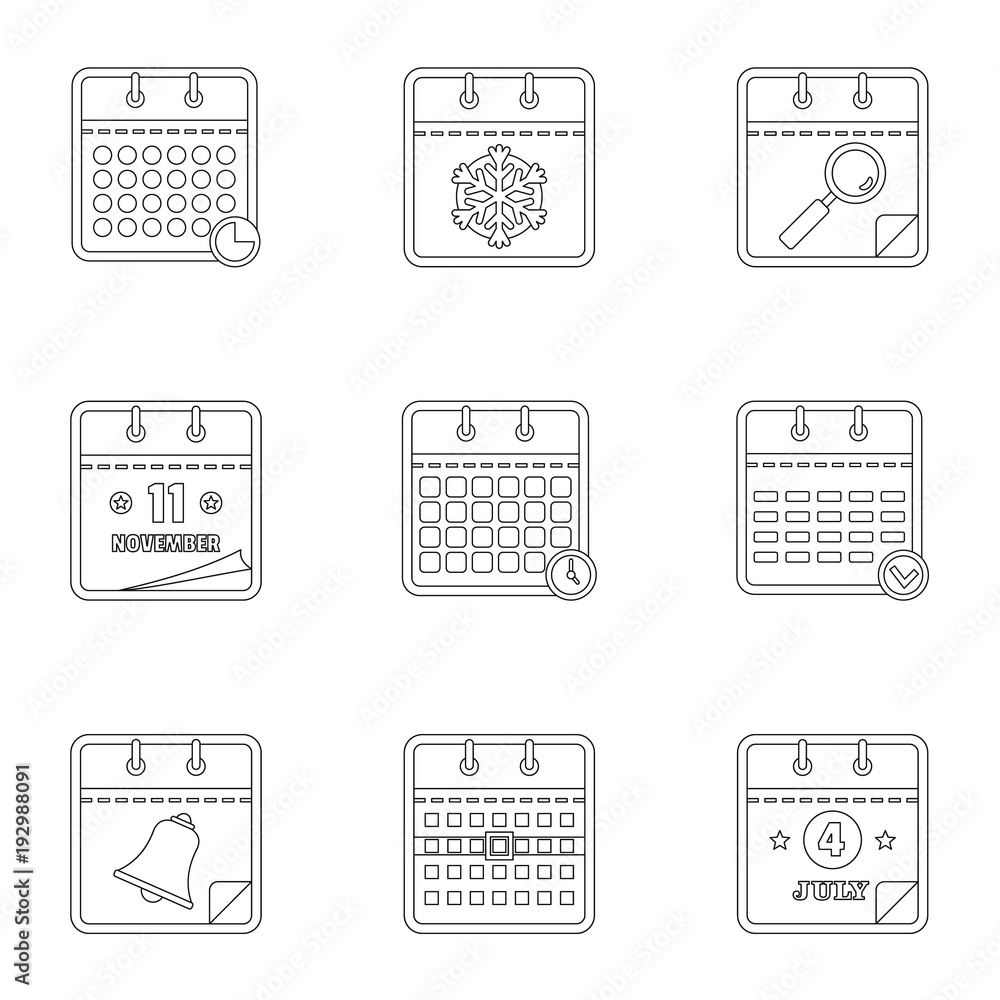 Poster datebook icons set. outline set of 9 datebook vector icons for web isolated on white background