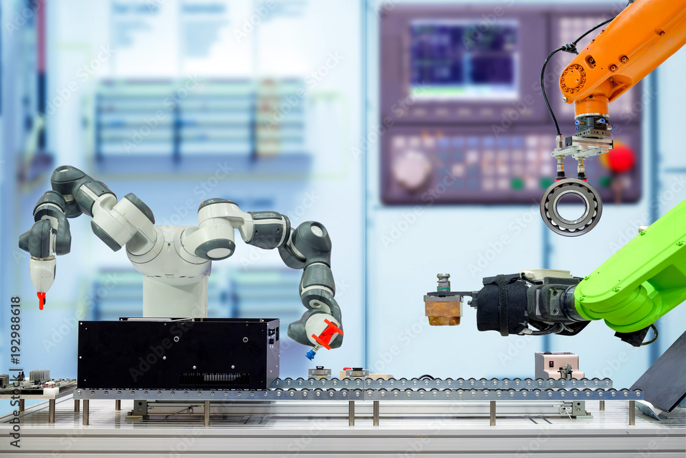 Poster industrial robotics automation working via conveyor belt on smart factory, terminal and control pane