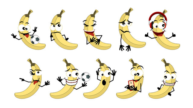 Earphones, football ball, Emoticon banana. Set of emoticons, emoji icon isolated on grey background. yellow.