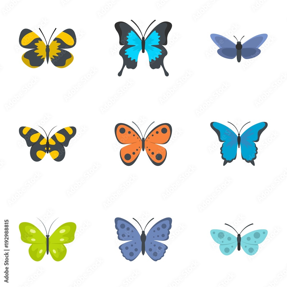 Poster moth icons set. flat set of 9 moth vector icons for web isolated on white background